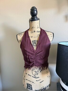 Zara Plum Halter Ruched Crop Top with Fringe